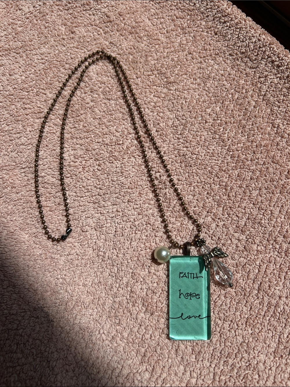 Faith Hope Love Aqua Glass Pendant Necklace with Charms